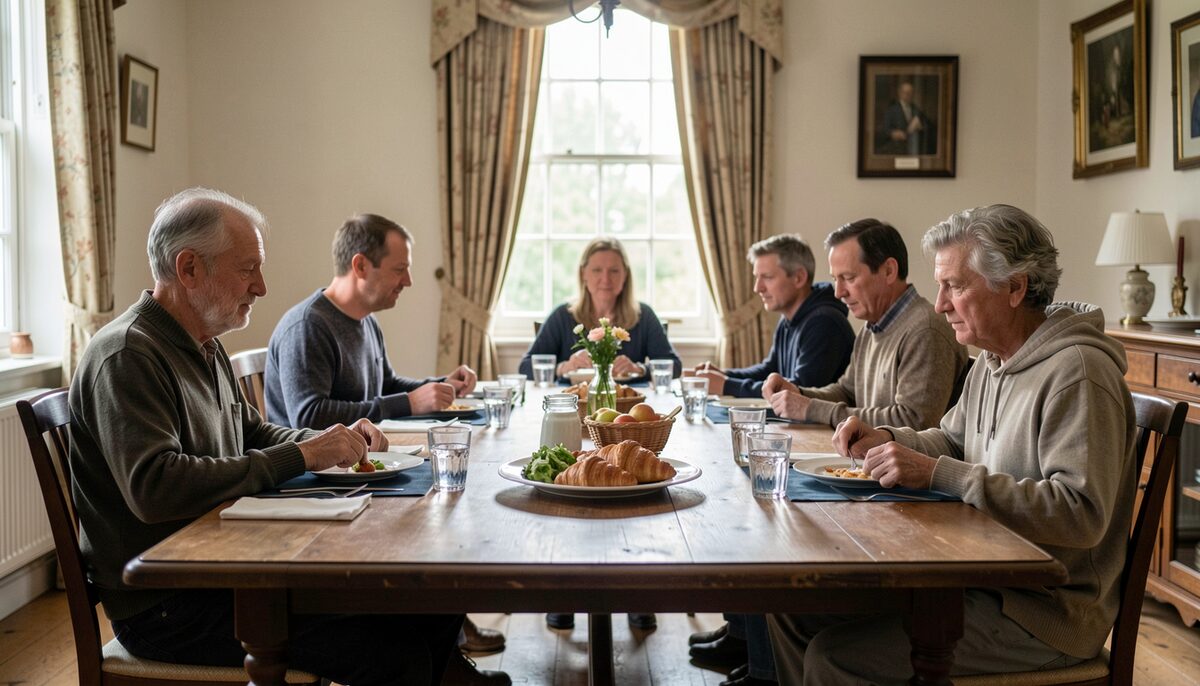 A shared dining room with a long table set for several lodgers in a historic house