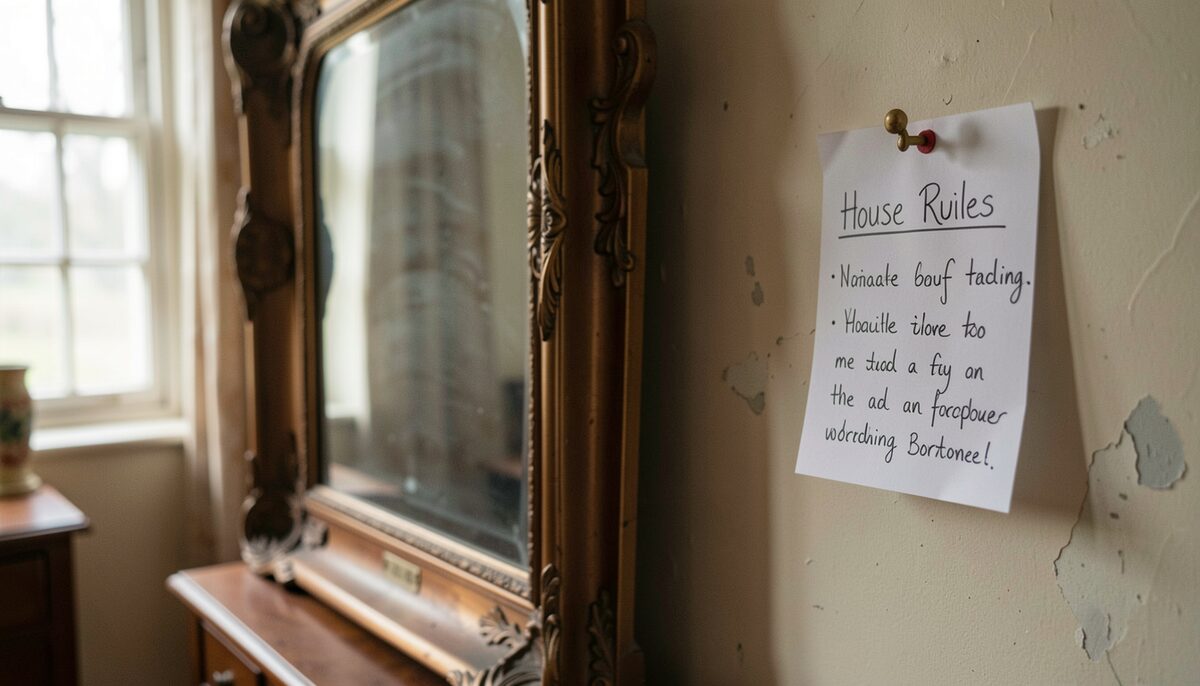 A handwritten house rules card pinned beside a hall mirror in an old boarding house