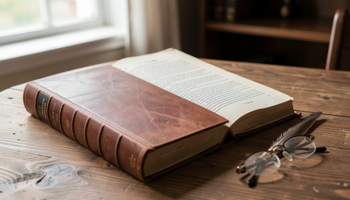 A leather-bound legal volume open on a table beside a quill and reading glasses