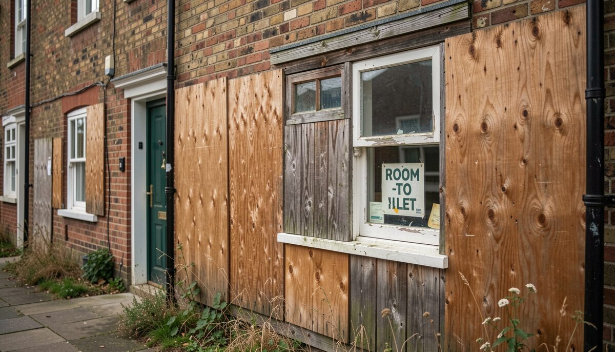 A boarded-up former boarding house with a faded room-to-let sign in the window