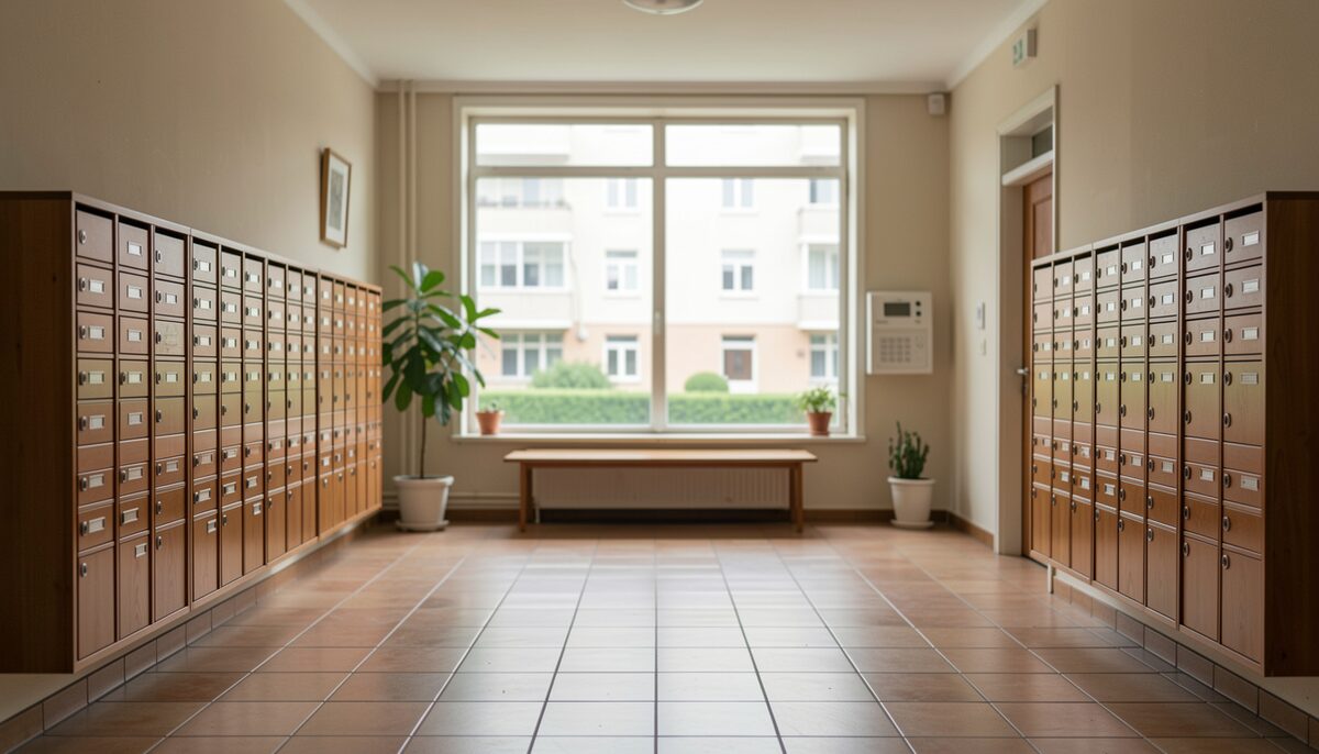 A mid-century apartment building lobby with mailboxes and a tiled floor