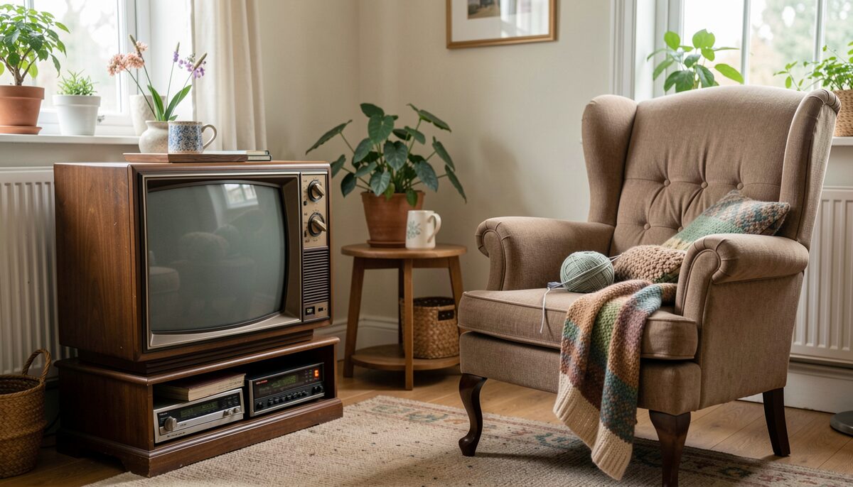 A vintage television set in a shared living room, a landlady chair with knitting beside it