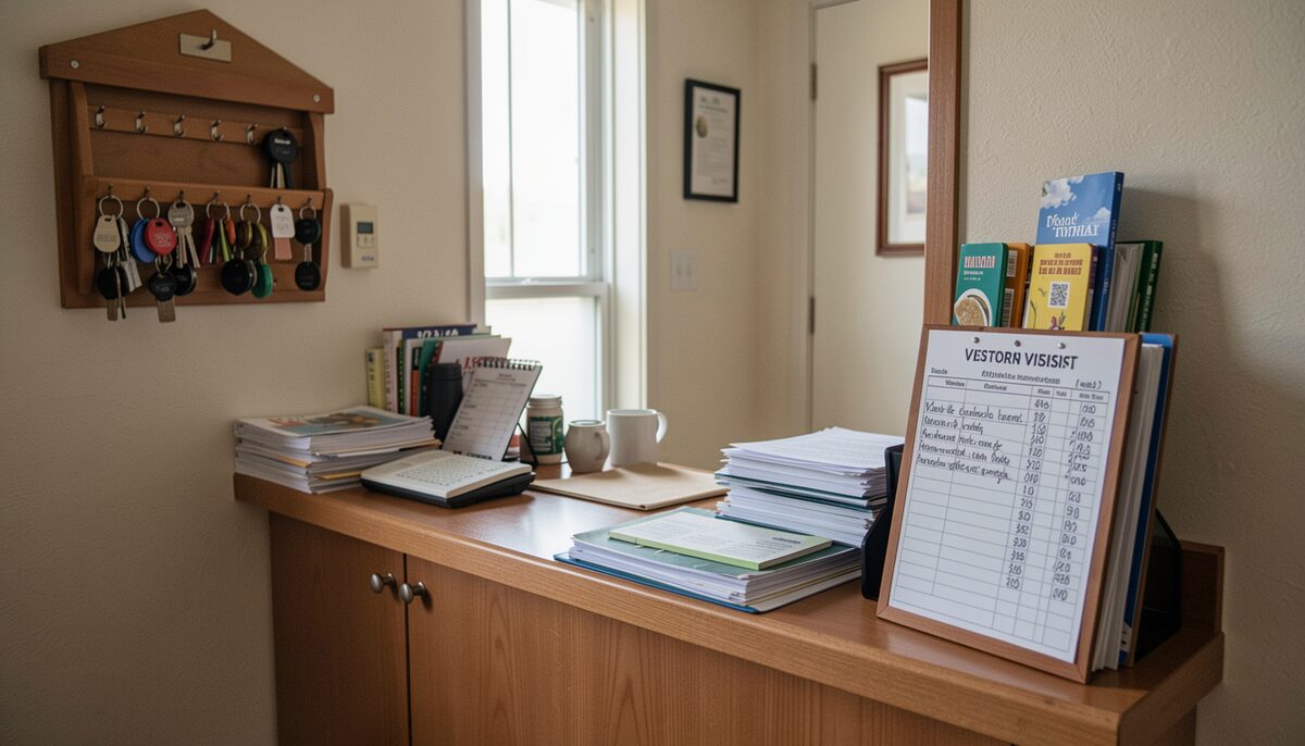 A cluttered front desk in a small residential hotel, a key rack and a visitor ledger