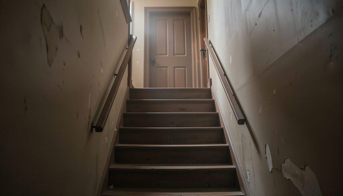 A shadowy narrow staircase in an old boarding house, a closed door at the top, dust in the air