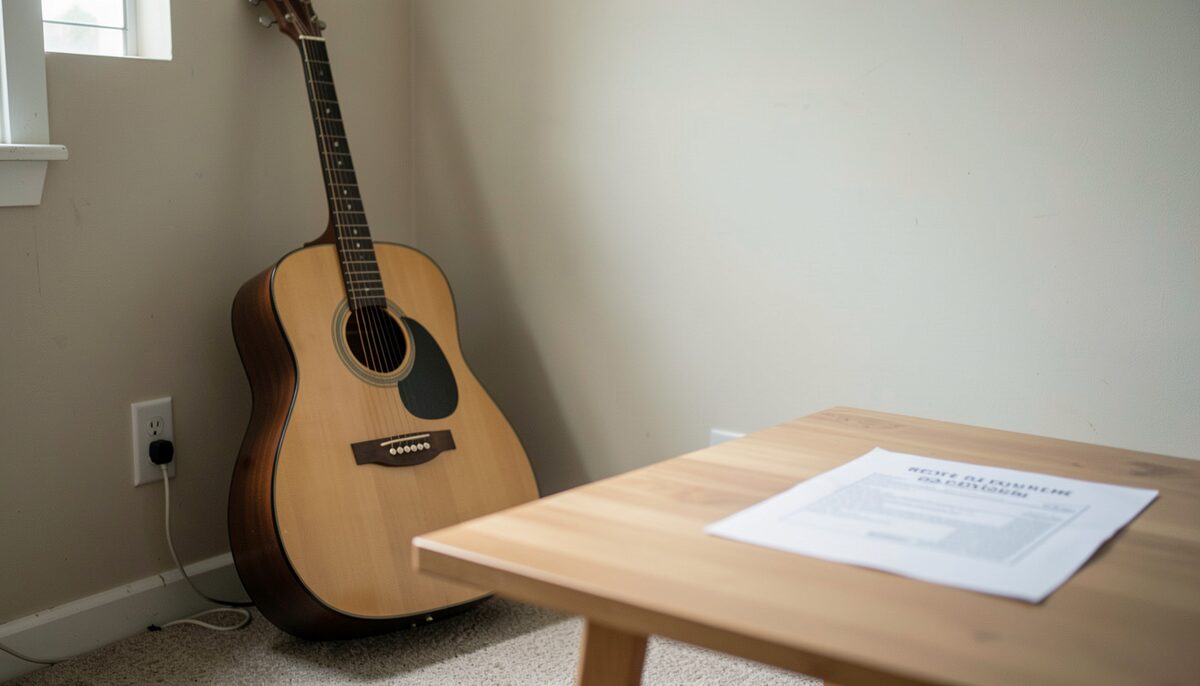 A guitar leaning against a wall in a rented room with a rent notice on the table