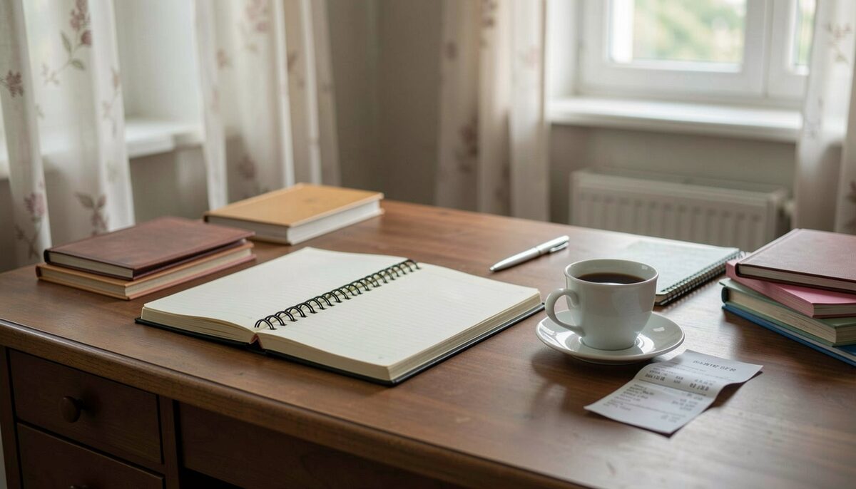 A writing desk in a rented room, a notebook open beside a teacup and a rent receipt