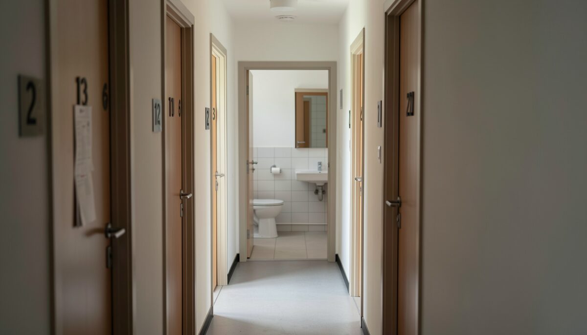 A narrow corridor with several numbered doors and a shared bathroom at the end