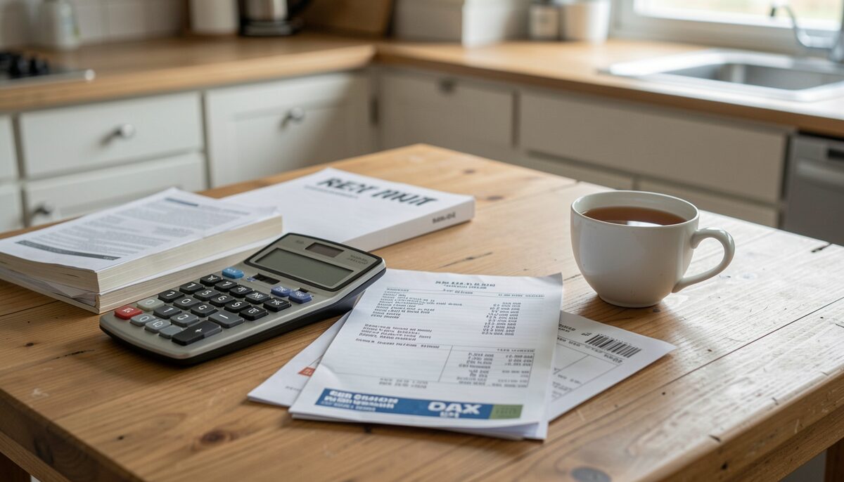 A kitchen table covered with a calculator, rent book, repair receipts, and a cup of tea