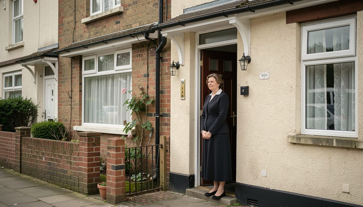 A widow in dark dress standing at the door of a modest terraced house with a room to let
