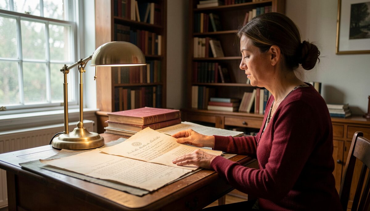 An archival reading room with a woman examining an old property deed under a lamp